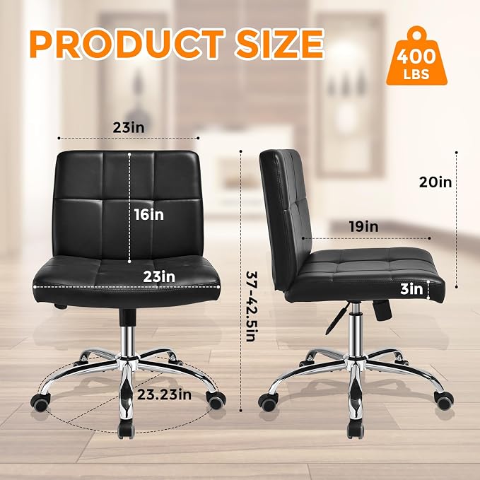 Black Office Chair with Wheels - 360° Swivel Armless Back Support，Comfortable Pu Adjustable Rolling Desk Chairs for Office，Home，Vanity，Bedroom，Big Space (Widened Black)
