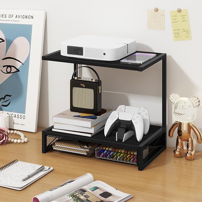 ELITEROO 2-Tier Printer Shelf with Drawers, Wooden Desk Shelf for Printer | Small Printers Shelf for Office Supplies, Desktop Storage Rack for Books, Folders, Scanner, Fax Machine, 3D Printer, Black