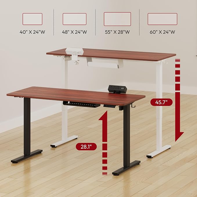 SANODESK Electric Standing Desk 55"x 28" with Clamp Power Strip - Height Adjustable Whole-Piece Desktop, Cable Management, Sit Stand Home Office - White Frame/Mahogany Top