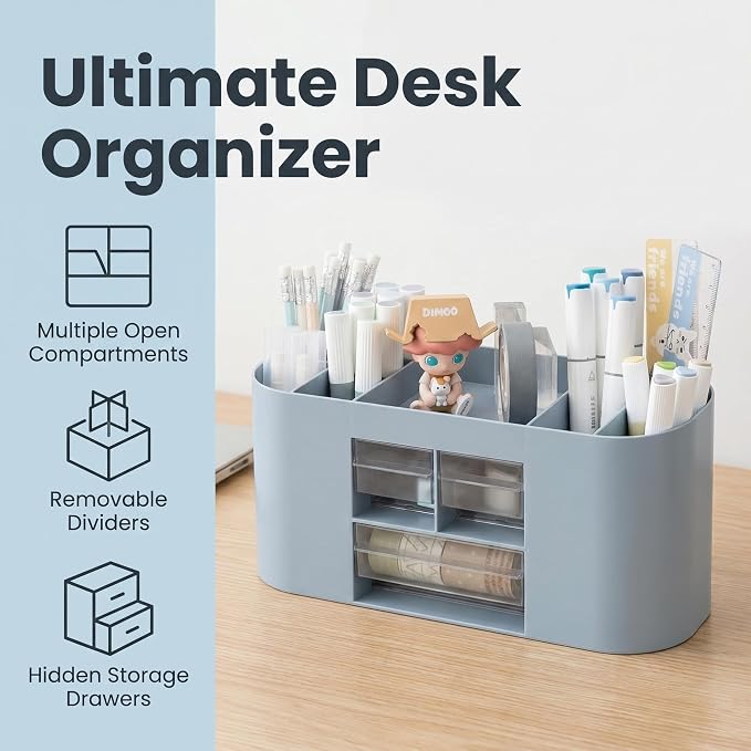 School Supplies Organizer with Drawers, Pen Holder, Blue | Student desk organizer with removable dividers and clear drawers for pens, markers, art tools and school supplies.