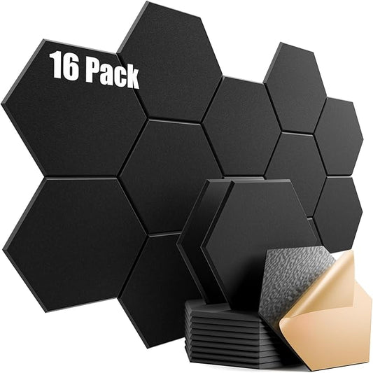 16 Pack Self-Adhesive Acoustic Panels 12" X 10" X 0.4" - Sound Proof Foam Panels for Wall with High Density, Hexagon Design, Flame Resistant, Absorb Noise and Eliminate Echoes(Black)