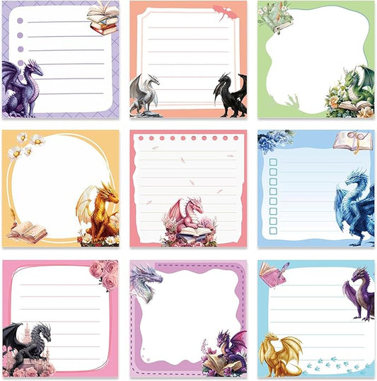 Dragon Sticky Notes Gifts, 9 Pack Cute Dragon Notepads 3x3 Inch Gifts for Students Coworkers, Funny Self-Stick Memo Pad Office School Supplies for Men Women (450 Sheets)