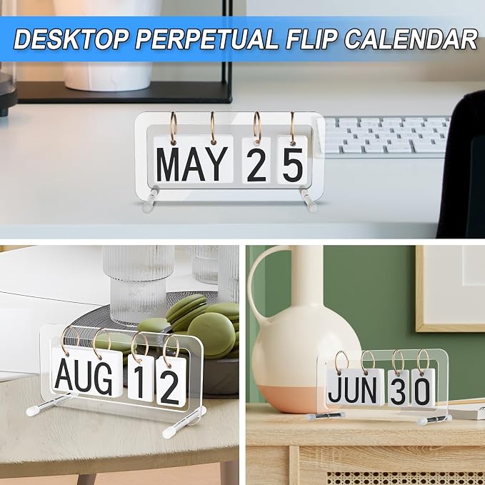 Cosmos Desk Flip Calendar Perpetual Desk Date Calendar Ring Flip Daily Block Calendar for Home Office Teacher Desktop Accessory, Reusable Month Day Display Desk Standing Calendar Decoration, Acrylic