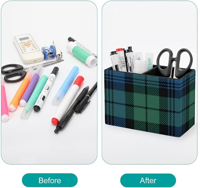 Green Blue Tartan PU Leather Pen Holder Desk Organizer, 2-Compartment Pencil Container for Office, Home, Vanity Use