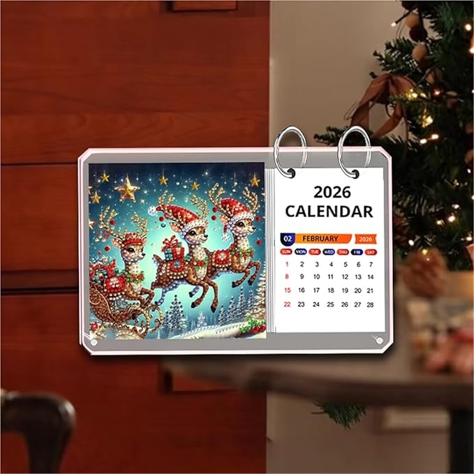 Calendar Desk Calendar Creative Design Acrylic Diamond Art Painting Monthly Flip Tabletop Calendars Office Cubicle Decor(Deer)