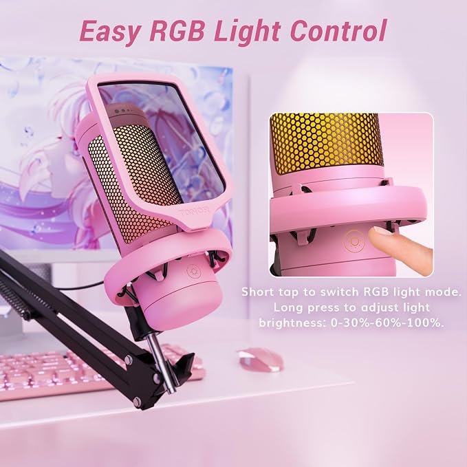 TONOR Gaming Microphone Arm Set, RGB Condenser Mic with Boom Arm, Quick Mute, Adjustable RGB Brightness, Pop Filter, Shock Mount, Gain Control for Streaming, Discord Twitch YouTube,TC310+ Pink