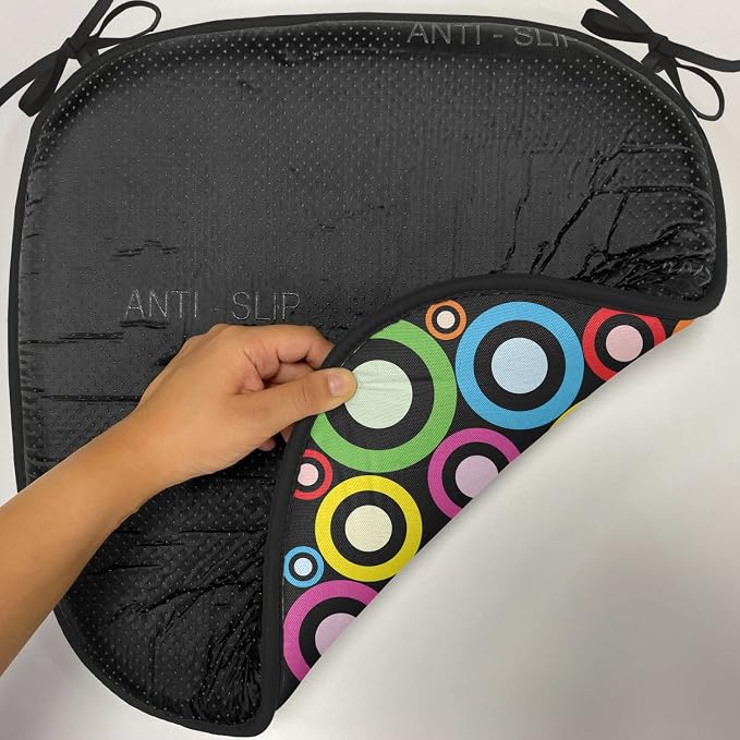 Lunarable Groovy Chair Cushion Pads Set of 4, and Funky Retro Ring Shaped Modern Art Geometric Revival Art, Anti-Slip Seat Padding for Kitchen & Patio, 16"x16", Black Multicolor