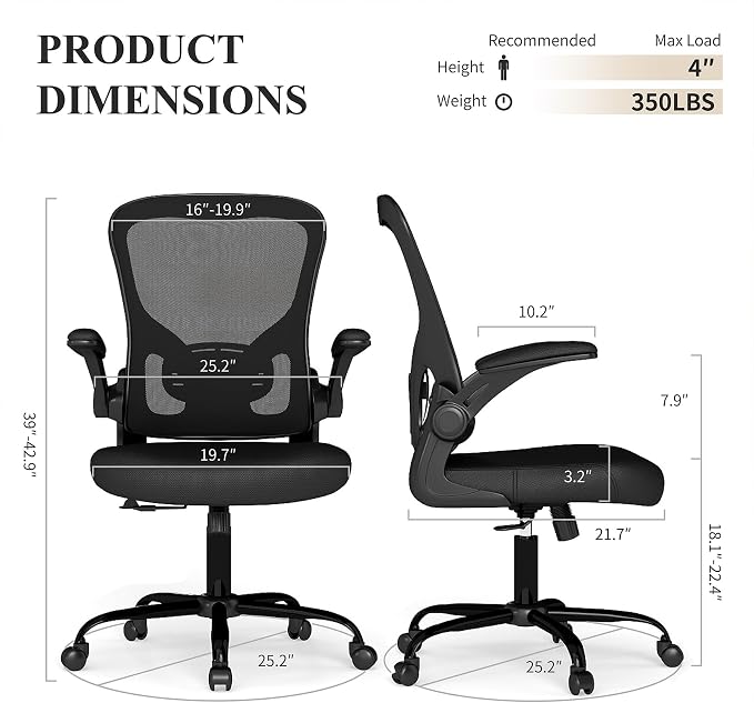 Flysky Mesh Office Chair, Ergonomic Computer Desk Chairs for Home Office - with Comfy/Comfortable Flip-up Arm Rests, Lumbar Support, Height Adjustable, 360 Degree Rolling Swivel (Black, 8 Pack)