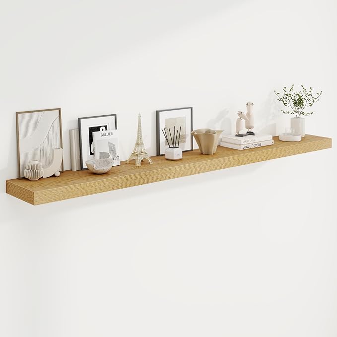 72in Floating Shelves for Wall, 72"W x 9.25"D x 1.5"H, Long Wall Mounted Engineered Wood Shelves with Invisible Brackets for Living Room, Bedroom, Bathroom, Kitchen Decor and Storage, Oak