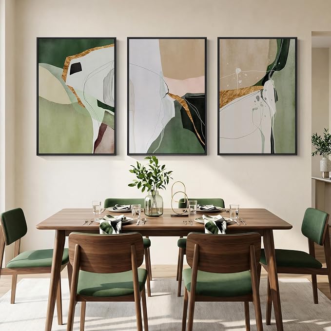 Large Framed Sage Green Abstract Wall Art for Living Room, 3 Piece Modern Canvas Prints Paintings Artwork for Walls, Green Beige Gold Block Pictures Wall Decor for Bedroom Dining Room Office 24x36 In