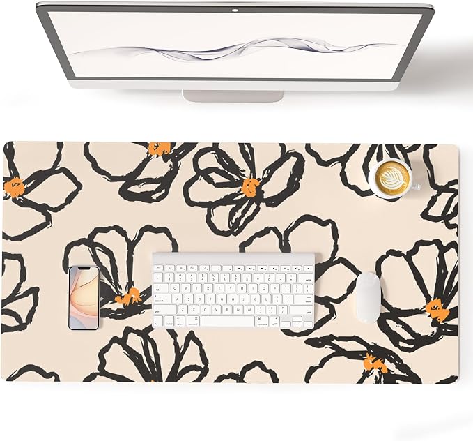 Colorful Star Leather Waterproof Desk Pad, Large Computer Keyboard Mat, Mousepad Office Accessories for Women, Abstract Line Floral 31.5" x 15.7"