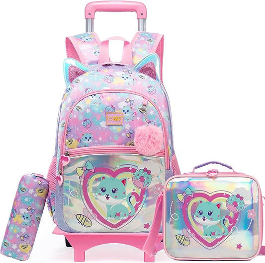 Rolling Backpack for Kids Girls Rolling Backpack for School Roller Backpacks for Girls 8-12 Cute Schoolbag Backpacks with Wheels for Kids with Lunch Box Back to School Supplies