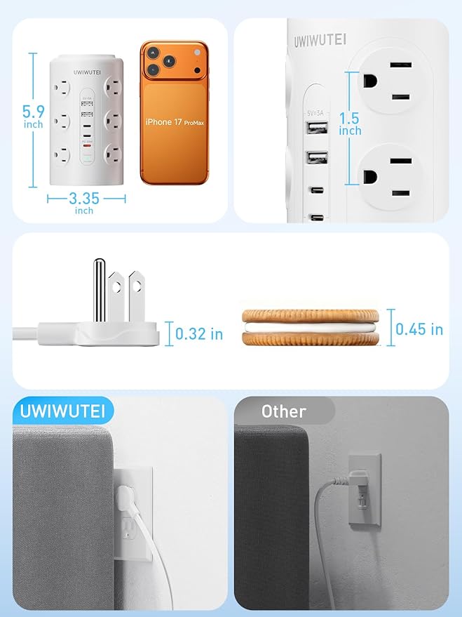 Tower Power Strip Surge Protector with Wireless Charging & Night Light - PD20W Fast Charging Station,12 Outlets, 5 USB (3 USB-C),1800J Protection, 10FT Extension Cord, Home Office Essentials(White)
