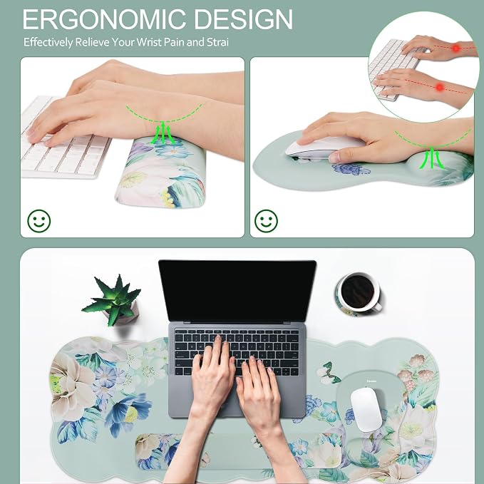 Petmolico Desk Pad Set with Wrist Rest for Keyboard & Mouse, Green Flower | Anti-slip PU base, durable Lycra & memory foam, relieves wrist fatigue, perfect for work, home & daily use