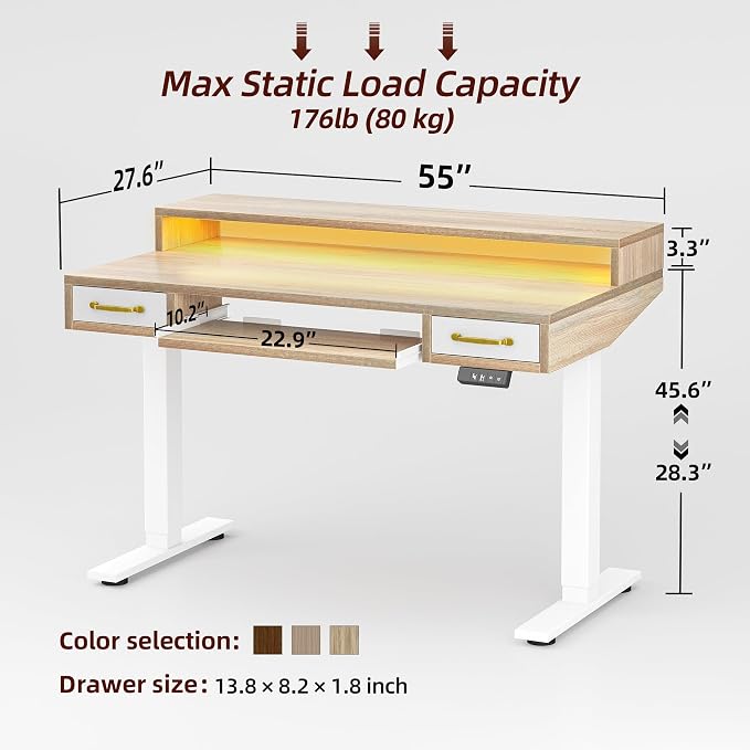 TIQLAB Standing Desk with Two Drawers, Stand Up Standing Desk Adjustable Height, Electric Sit Stand Table with Storage Shelf and Splice Board, with LED Light, 55 * 28 inch, Maple
