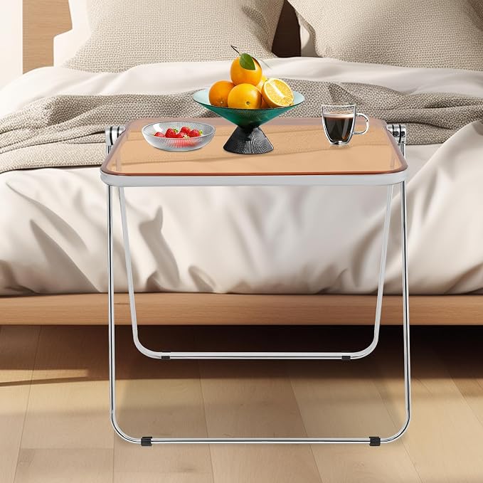 Folding Table, Clear Foldable Side Table & Tiny Desk for Home Office - No Assembly Required Small Computer Desk with Sturdy Metal Frame, for Living Room, Bedroom, Small Spaces