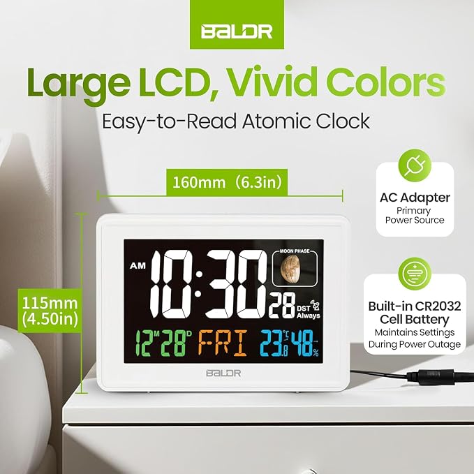 Baldr Digital Alarm Atomic Clock, 7'' Display with Adjustable Brightness | Large Desk Clock Indoor Temperature, Humidity & Moon Phase for Living Room Bedroom, Adapter Powered, White
