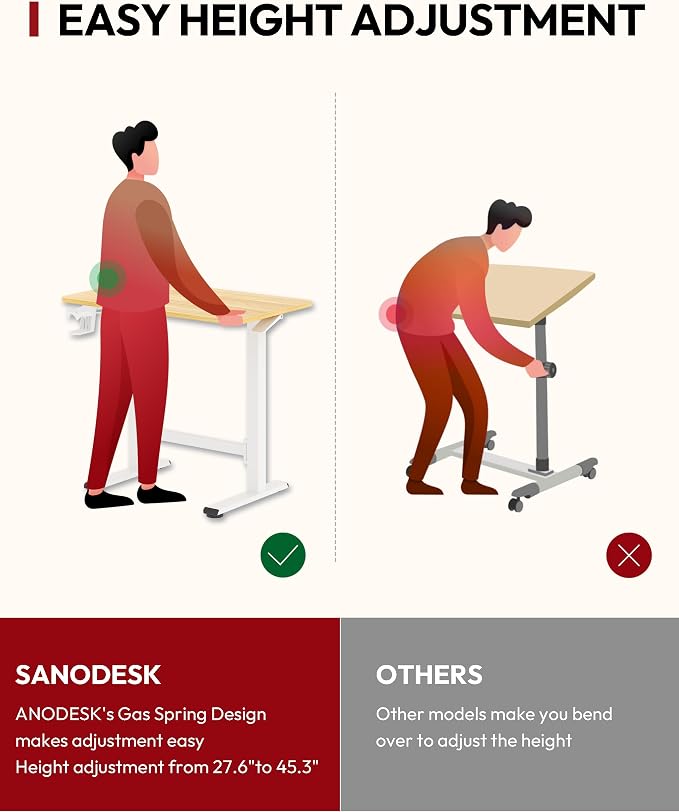 SANODESK Mobile Workstation Standing Desk with Gas-Spring Lift, Rolling Desk 32x20''Adjustable Height, One-Piece Desktop Workstation，Walking Pad & Treadmill Compatible, Portable Home Office