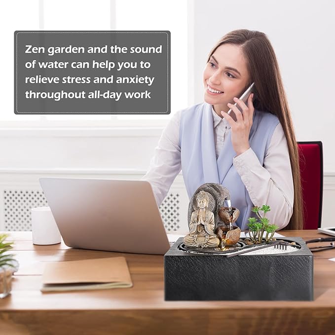 Dyna-Living Water Fountains Indoor Small Tabletop Water Fountain Waterfall Fountain with Zen Garden LED Warm Light Buddha Fountains Indoor for Home Zen Room Decor