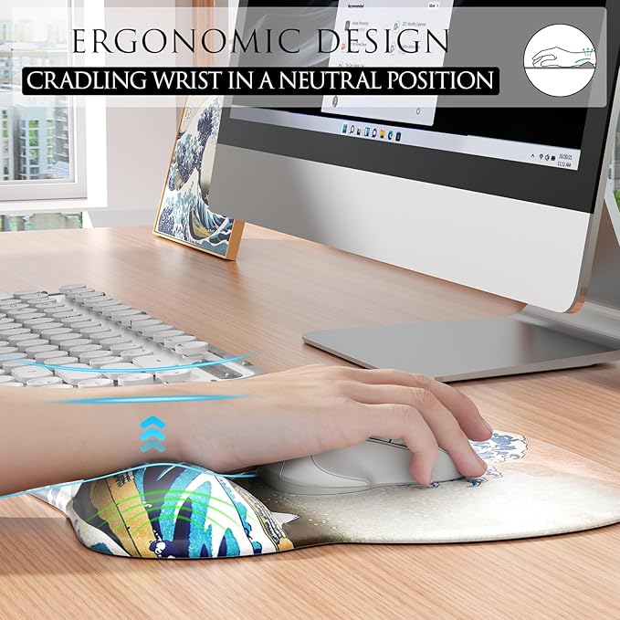 MROCO Ergonomic Mouse Pad with Gel Wrist Rest, Smooth Wrist Support Surface, Non-Slip PU Base for Pain Relief, Comfortable Mousepad for Computer, Laptop, Office & Home, 9.4 x 8.1 in, Great Wave