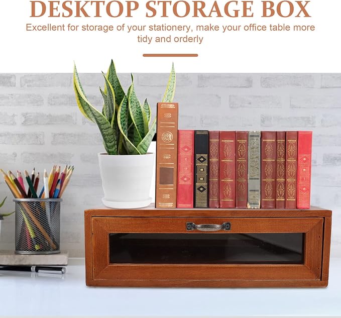 Retro Wooden Monitor Riser with Drawer 11.81X7.28X3.93 Inch Desktop Storage Box Organizer for Office Makeup and Computer Accessories