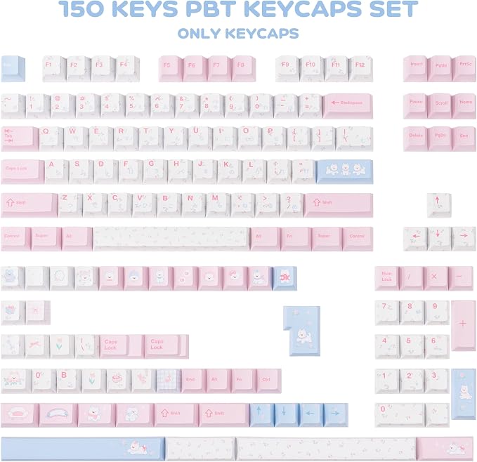 PBT Japanese Keycaps, Pink White Keycap, Floral Prints Custom Keycap Set 145 Full Keys, Cute Keycaps, Cherry Profile Keyboard Key Cap for Cherry Gateron MX Switches Mechanical Keyboard
