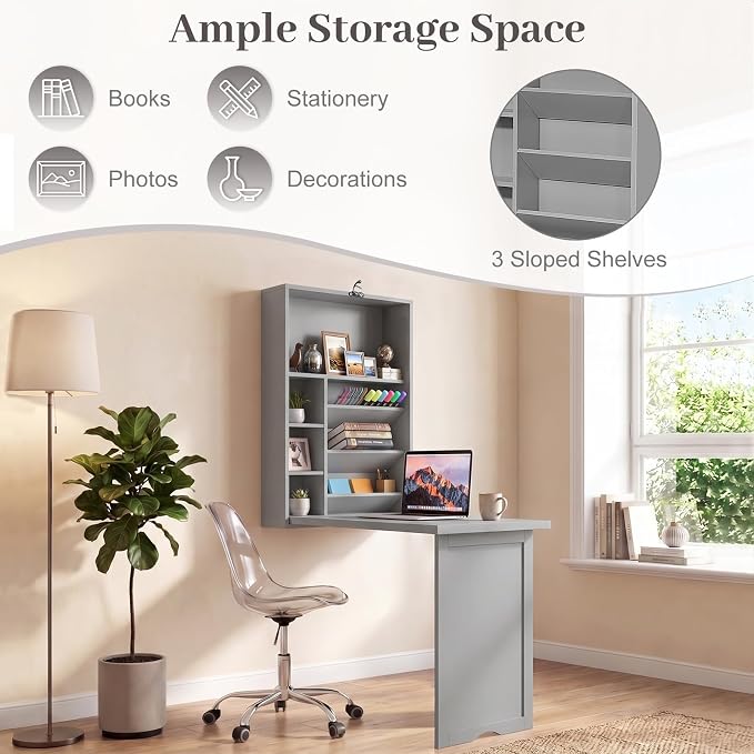 Tangkula Folding Wall Mounted Desk, Convertible Fold Out Floating Table with Storage Shelves, Space-Saving Drop Leaf Table, Murphy Desk for Craft, Study, Small Spaces, Home Office, Dorm, Grey