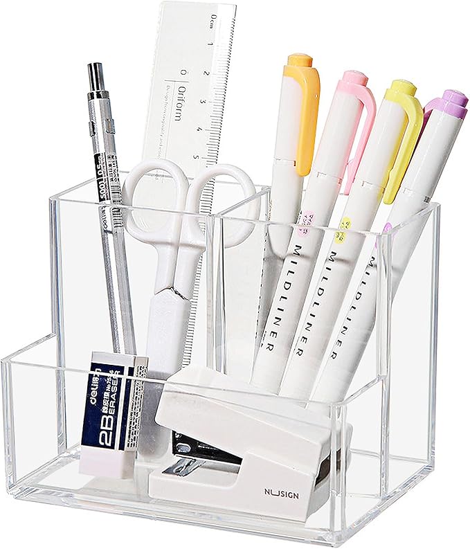 MUAMAX Minimalist Clear Acrylic Desk Organizer, 3-Compartment Pen Pencil Holder, Office Desk Supplies, Makeup Brush Holder, Transparent