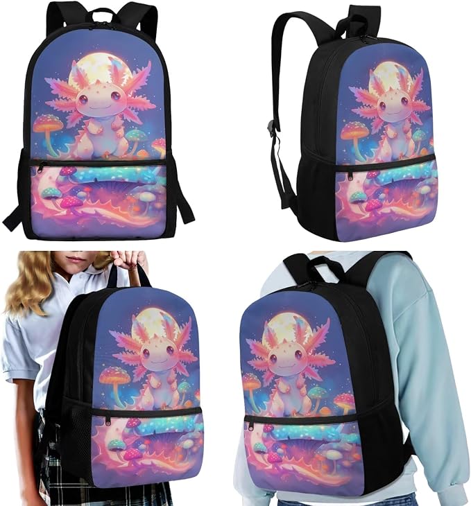 WELLFLYHOM Customized Axolotl Kids Girls Backpack Set 6-8 4Pcs with Lunch Box Pencil Case Water Bottle Sleeve Moon Mushroom Elementary School Daypack Back to School Season Supplies Purple