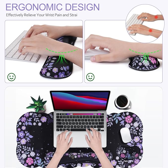 Petmolico Desk Pad Set with Wrist Rest for Keyboard & Mouse, Purple Floral | Anti-slip PU base, durable Lycra & memory foam, relieves wrist fatigue, perfect for work, home & daily use