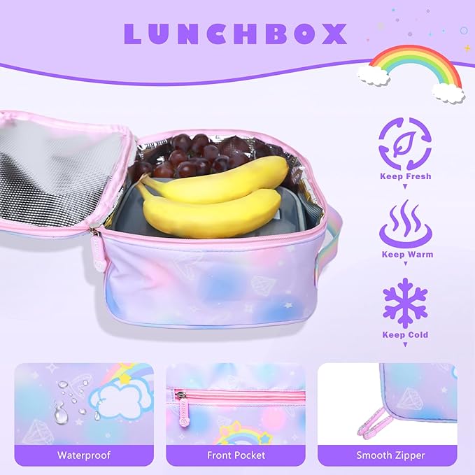 3PCS SET kids backpacks for girls, bookbag for girls backpack with lunch box Pencil Pouch Set back to school supplies for Kid, school backpack for girl Elementary School Student(PURPLE)