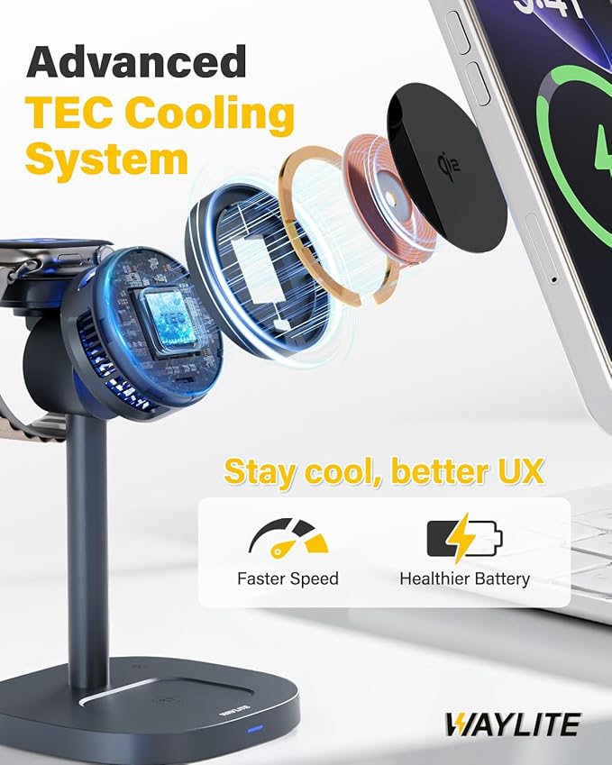 3 in 1 Wireless Charging Station for Apple MagSafe Charger Stand,15W Qi2 Fast Phone and Watch Charger with TEC Cooling, Magnetic Wireless Charger for iPhone17 16 15 14 13, Apple Watch, AirPods, Ashy