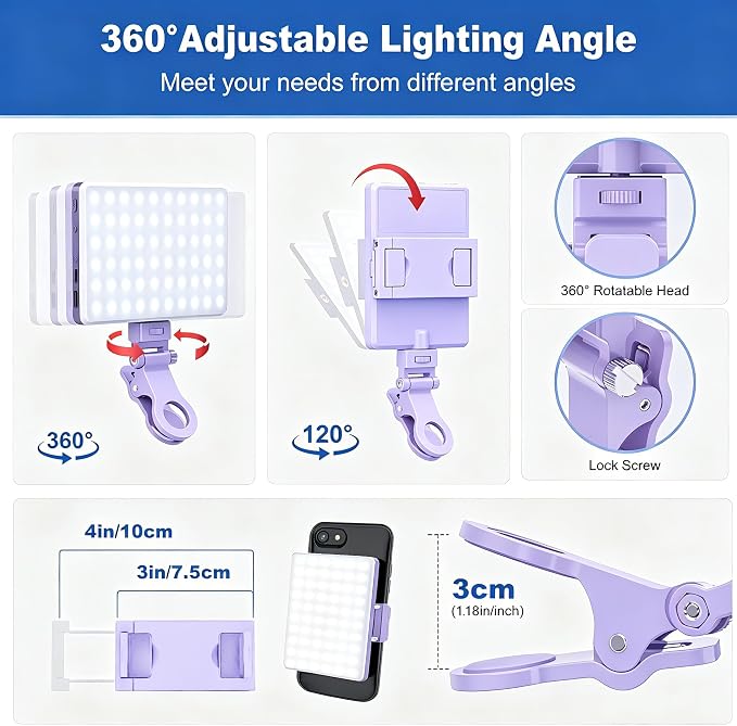 Selfie Light, Phone Light with Front & Back Clip, 60 LED Portable Light with 3 Modes, 5000mAh Rechargeable Video Light for Phone, iPhone, IPad, Laptop, TikTok, Makeup, Live Stream, Vlog(Purple)