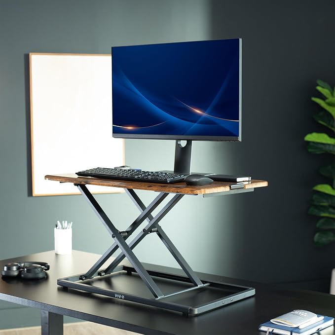 VIVO Vintage Brown 29 inch Single Top Standing Desk Converter, DESK-V000UN | Economy, Height Adjustable Rustic Sit Stand Tabletop Monitor and Laptop Riser Workstation, Holds 22 lbs, No Assembly Required