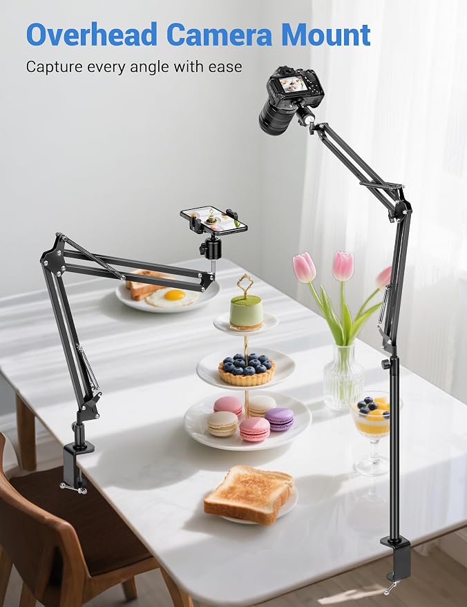 Overhead Camera Mount, Desk Camera Mount with 360° Adjustable Arm and Phone Holder for DSLR Cameras/iPhone/Webcam/Ring Light, Desk Phone Stand for Video Recording,Zoom Meeting,YouTube,TikTok