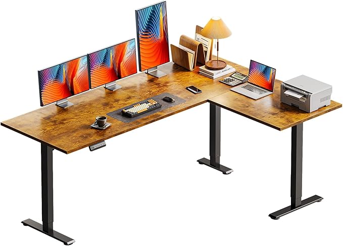 Casaottima 63 Inch Reversible L Shaped Electric Standing Desk, Ergonomic Height Adjustable Desk, Large Lift Corner Stand up Table for Workstation, Home Office, Reception Room, Rustic Brown