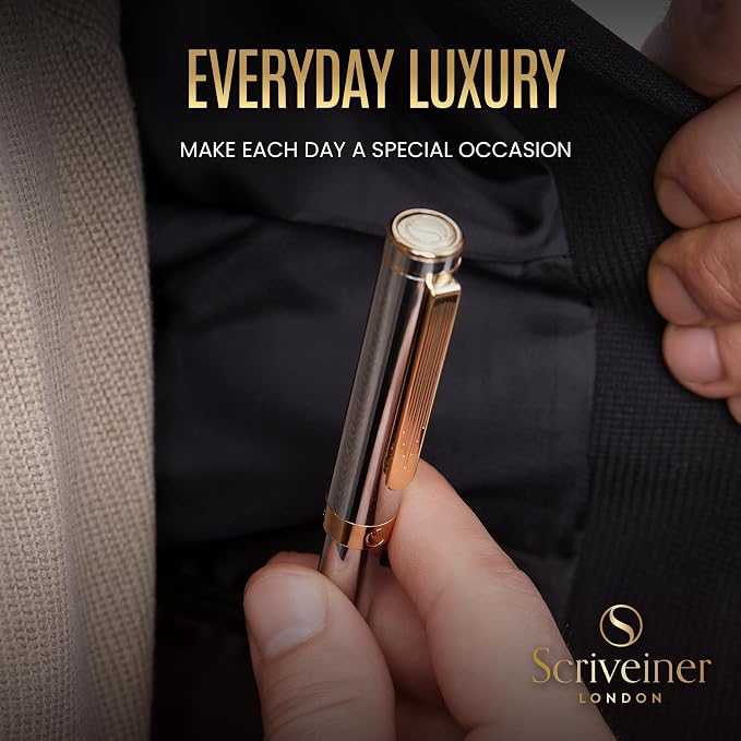 Scriveiner Silver Chrome Rollerball - Award-Winning Heavy Pocket Stunning Luxury Pen, Real Gold Finish, German Schmidt Refill, Best EDC Writing Gift Set for Men & Women, Fancy Designer EDC Roller ball