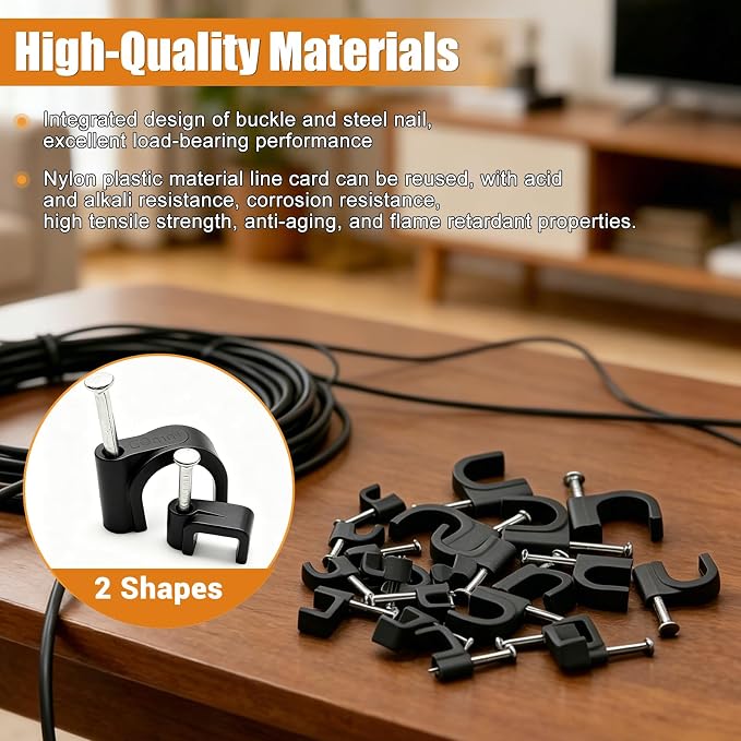 mankk 630PCS Black Cable Clips Nail in Cable Clips Wire Clips 4/5/6/8/10mm Round & Square Ethernet Cables Wall Clips for Cords RG6 RG59 CAT5 CAT6 RJ45