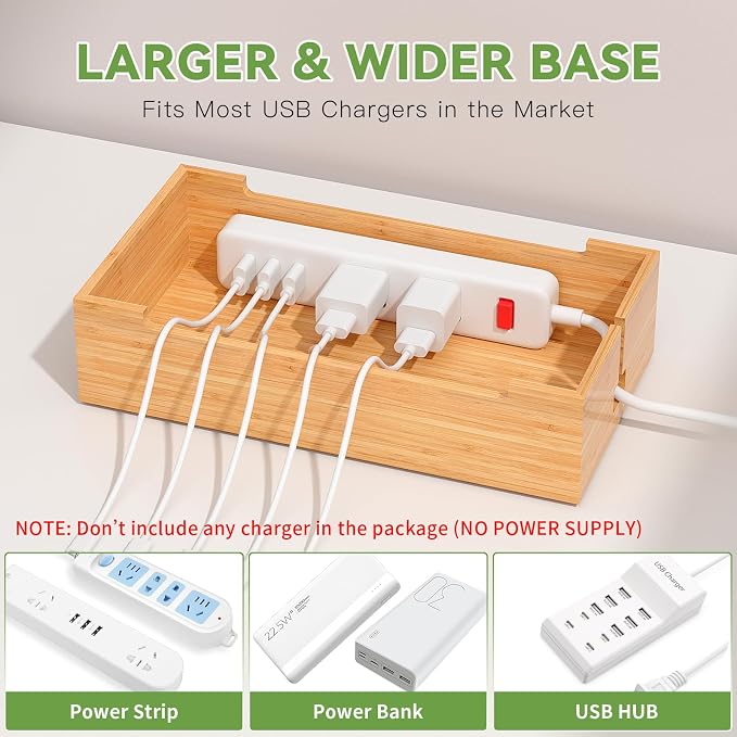 Pezin & Hulin Bamboo Charging Stand Rack, No Power Adapter Supply -Natural | Wooden Charge Box for Mobile Phones, Tablets, Smart Watch and Earbuds, Wire Cable Organizer Box, Bedside Dock Stand Holder