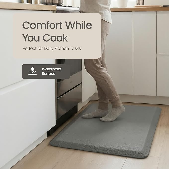 Anti Fatigue Kitchen Mats for Floor | Padded Kitchen Rugs | Non Slip, Cushioned Standing Desk Mat | Waterproof Floor Mat for Home and Office | 17.3" x 28" X 0.47", Grey, 1-Pack | More Décor