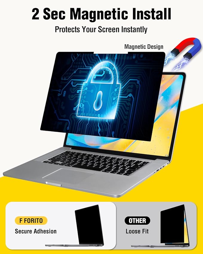 F FORITO Magnetic Laptop Privacy Screen 14 inch 16:9, 360° Anti Peeping Removable Anti Glare Blue Light Filter Compatible with All 14” 16:9 Laptops Portable Monitors