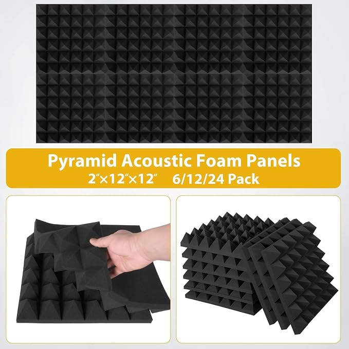 56 Pack Acoustic Foam Panels, 2" x 12" x 12" Sound Proof Foam Panles Pyramid-shaped, Soundproofing Noise Absorbing Pyramid Black Panels for Wall Studio Foams