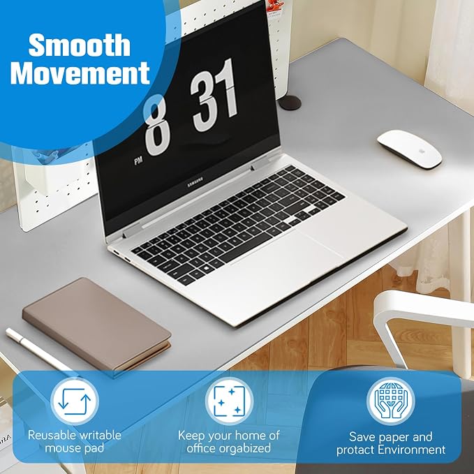 Dry Erase Desk Mat for Making Plans,27.5"x13.8" Writable & Erasable Desk Mouse Pad with 2 Markers & 2 Cloths,Waterproof Writing Desk Pad for Office Home School (Pale Gray)
