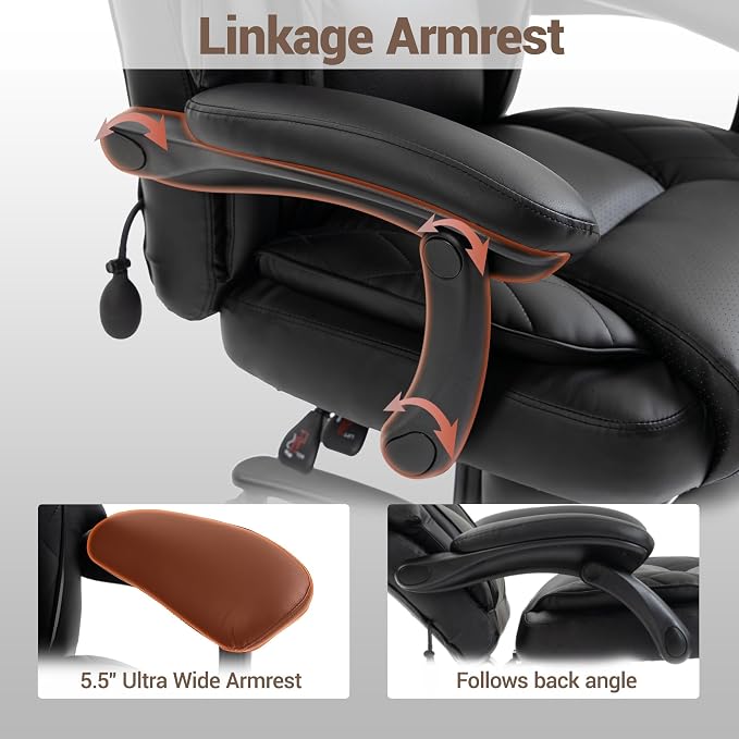 750 LBS Big and Tall Executive Home Office Chair w/Footrest, Black | PU leather, Built for Heavy People, Lumbar Airbag, High Back, Wide Seat, Reclining 90°-155°, Home Office Gaming Room