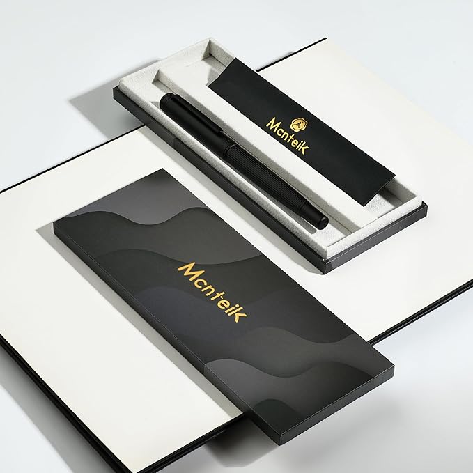 Matte Black Rollerball Pen, Distinctive Vertical Grooving Design, Luxury Pen with Schmidt Black Refill, Prefect Pen Gift Set for Men & Women, Business Signature, Refillable, Office, Nice Pens