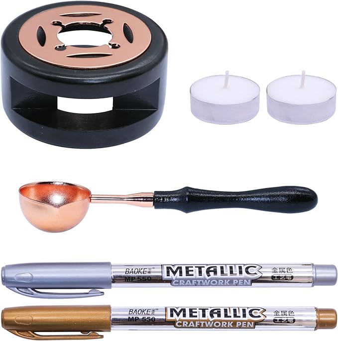 SWANGSA Wax Seal Warmer Kit, Sealing Wax Furnace Tool with 2pcs Pens, Spoon and 2pcs Candles for Wedding Invitation Envelope Letter Seals (Black)