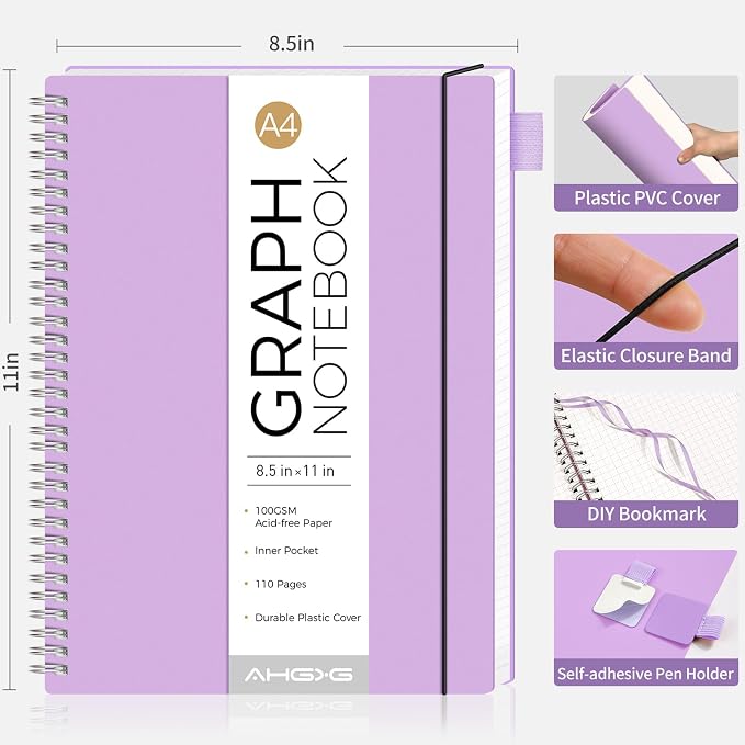 AHGXG Graph Paper Notebook - Spiral Notebook 8.5" x 11", A4 Large Graph Notebook, 100 gsm Thick Grid Paper, Waterproof Plastic Cover Journals for School Writing Engineering Math, Purple