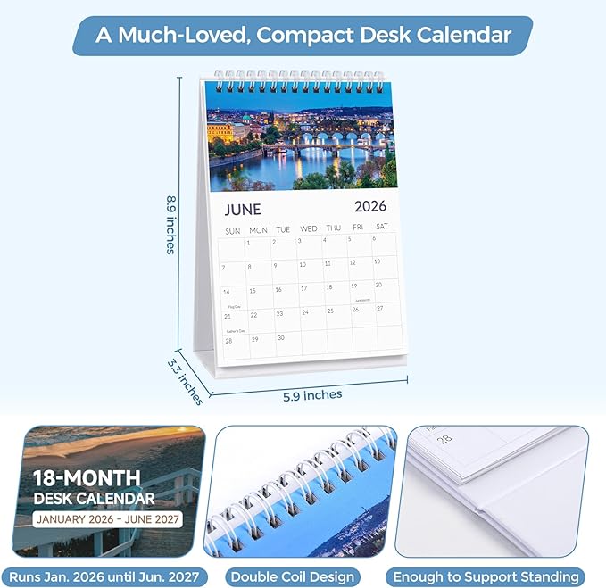 Desk Calendar 2026, 18 Months Desk Calendar 2026-2027 - From January 2026 to June 2027, Small Calendar 2026-5.9" x 8.9", Small Desk Calendar with Dual Coil for School, Home and Office Supplies, Natural Seasons