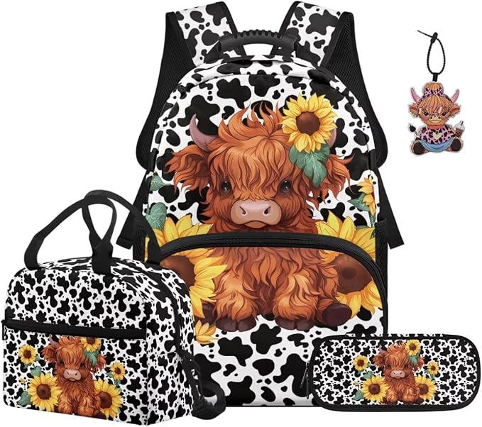 ZFRXIGN Highland Cow Kids Backpack for Boys Bookbag with Cute Pendant 17inch Elementary School Girls Bag and Insulated Lunch Box Portable Pencil Case Cow Print