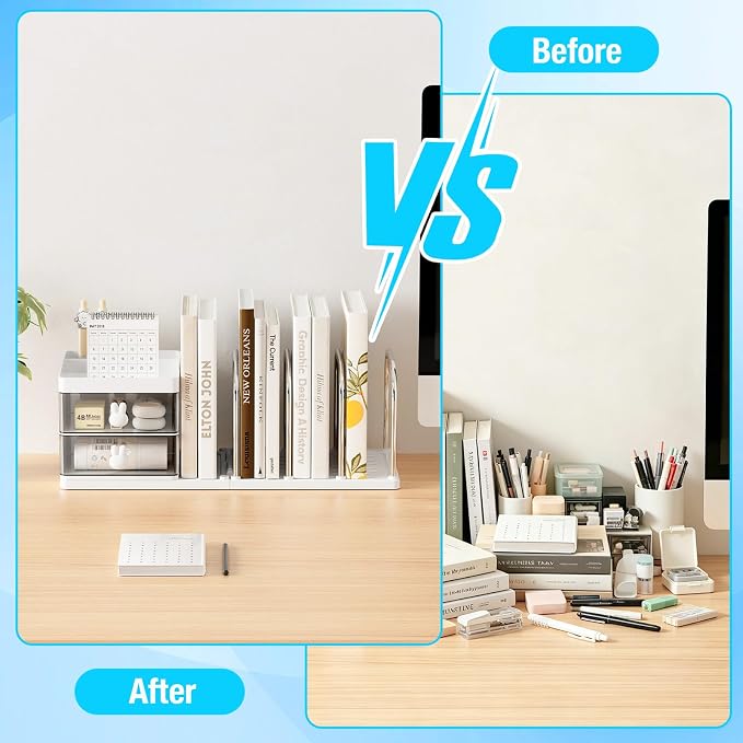 SAYEEC Desk Organizer with File Sorter Detachable Desktop Organizer 4 Sections Adjustable Bookends Plastic Storage Box with 2 Drawers Multi-Functional Pen Pencil Holder File Organizers for Office Home